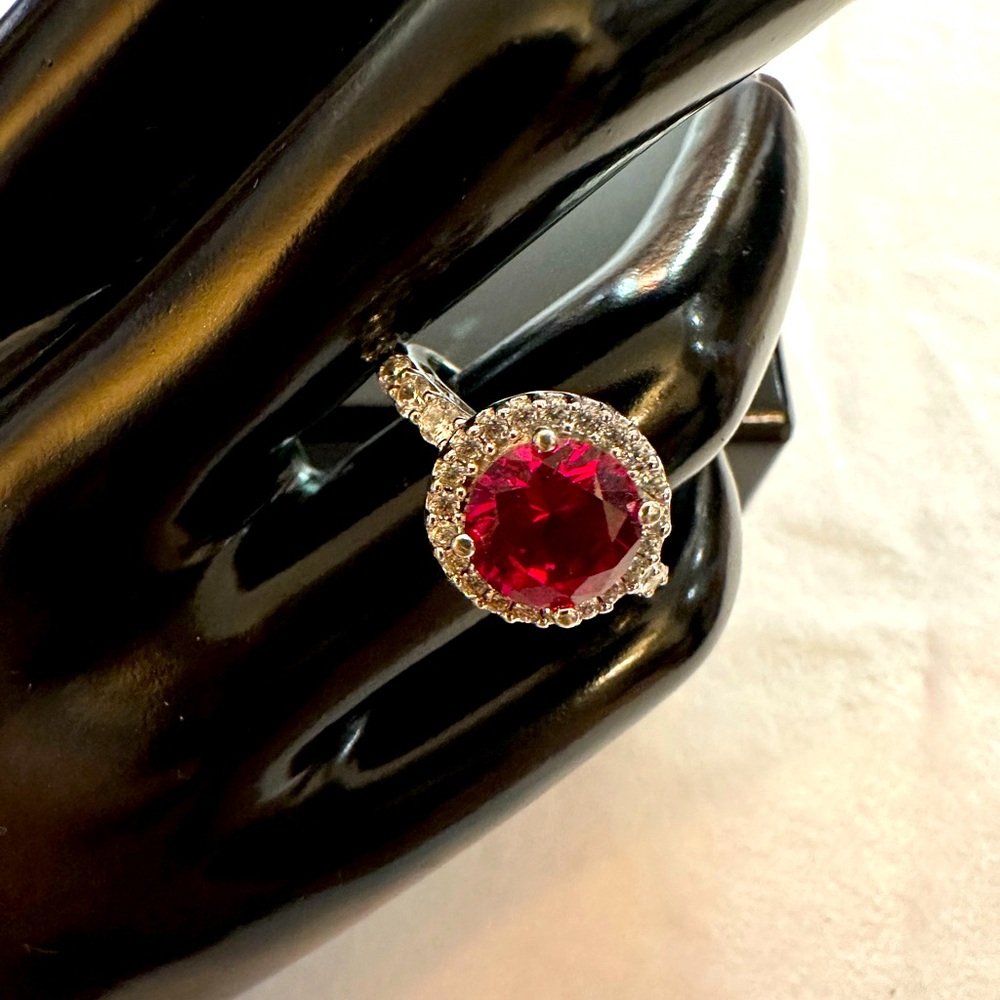 Diamonique Ring Simulated Ruby. Sterling Silver 9… - image 1